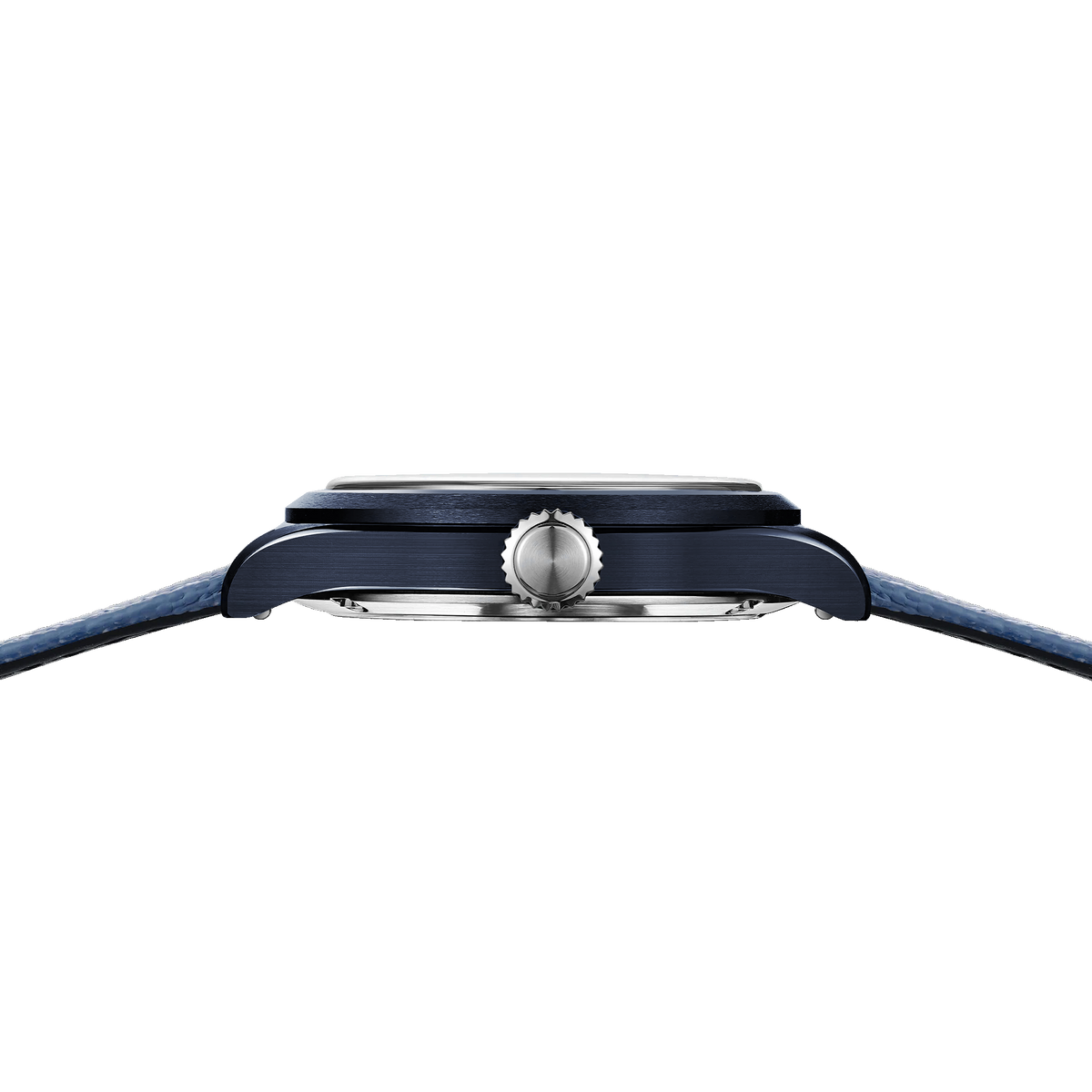 Side profile of Earthen Summit MK II Après-Bleu showing blue ceramic case and steel crown